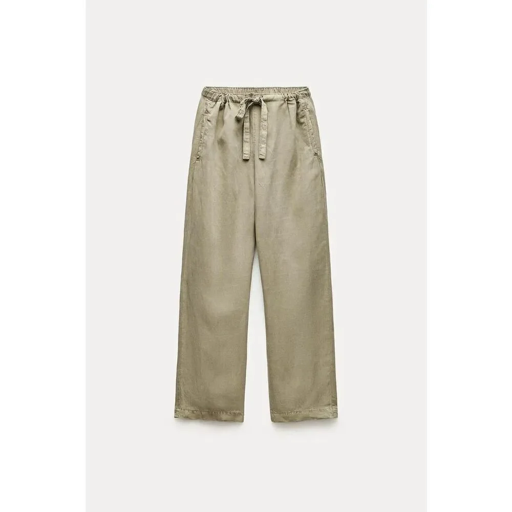 NWT ZARA ZW COLLECTION PAJAMA PANTS LIGHT KHAKI GREEN SMALL